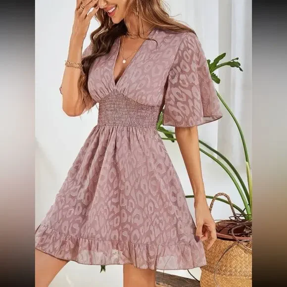 Cute Leopard Print Empire Waist Ruched Flutter Sleeve Mini Dress Pink Size XS - Picture 3 of 8